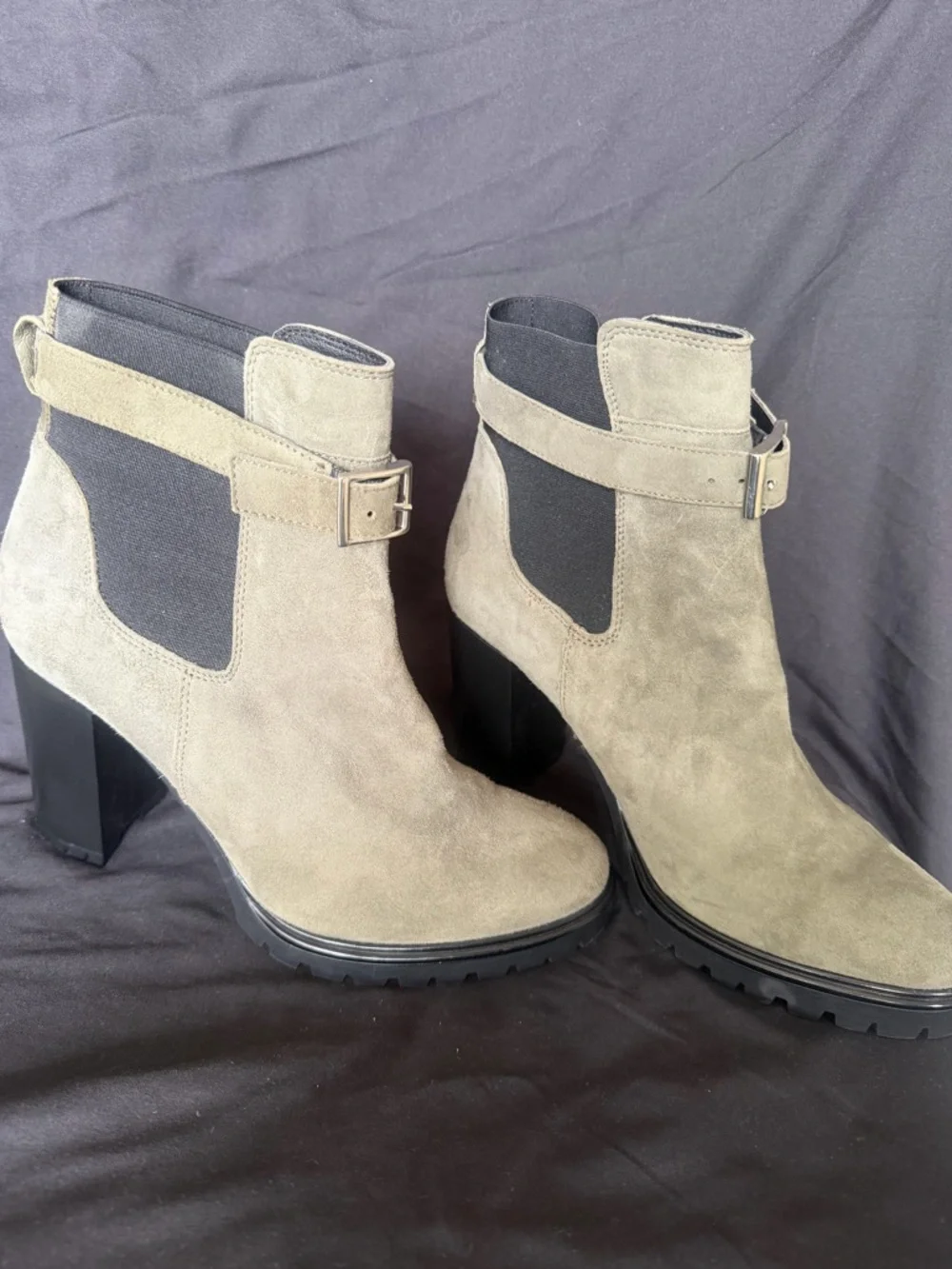 Barneys New York Taupe Suede Buckle Chelsea Ankle Boots